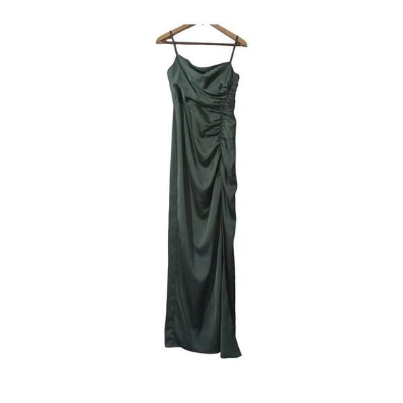 Azazie X Kendall + Kylie Green Sheath Pleated Stretch Satin Floor Length Dress O - Picture 3 of 16